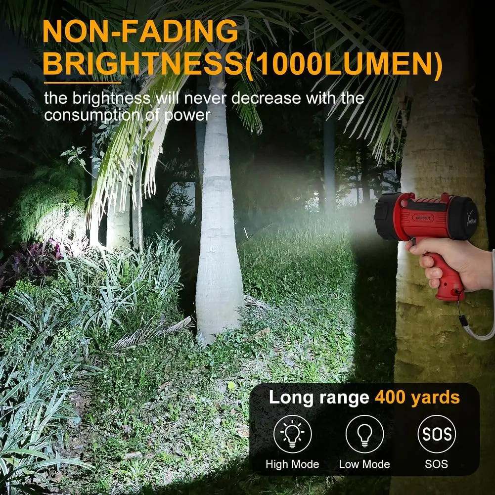 Rechargeable High Lumen LED Spotlight, IP67 Waterproof with Red Filter and Long Battery Life