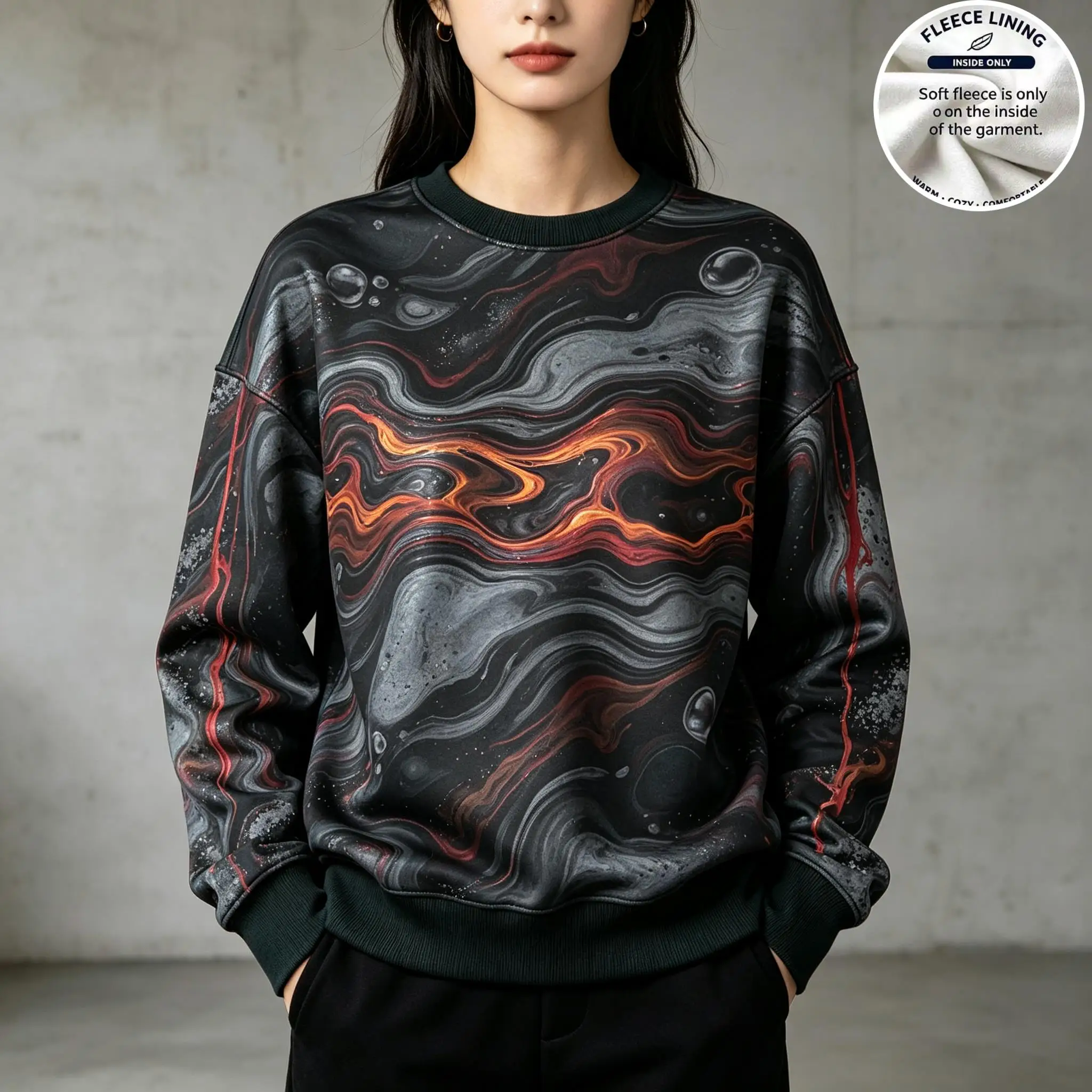 Women Crew Neck Fleece Sweatshirt Galaxy Nebula Marble Fluid Gradient Print Long Sleeve Loose No Hood Warm Pullover
