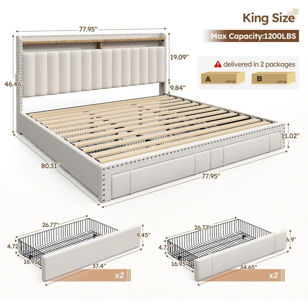 Estrutura de cama com 4 gavetas de armazenamento, estrutura de cama king estofada e cabeceira, prateleiras de 2 camadas, 1200LBS para suporte forte