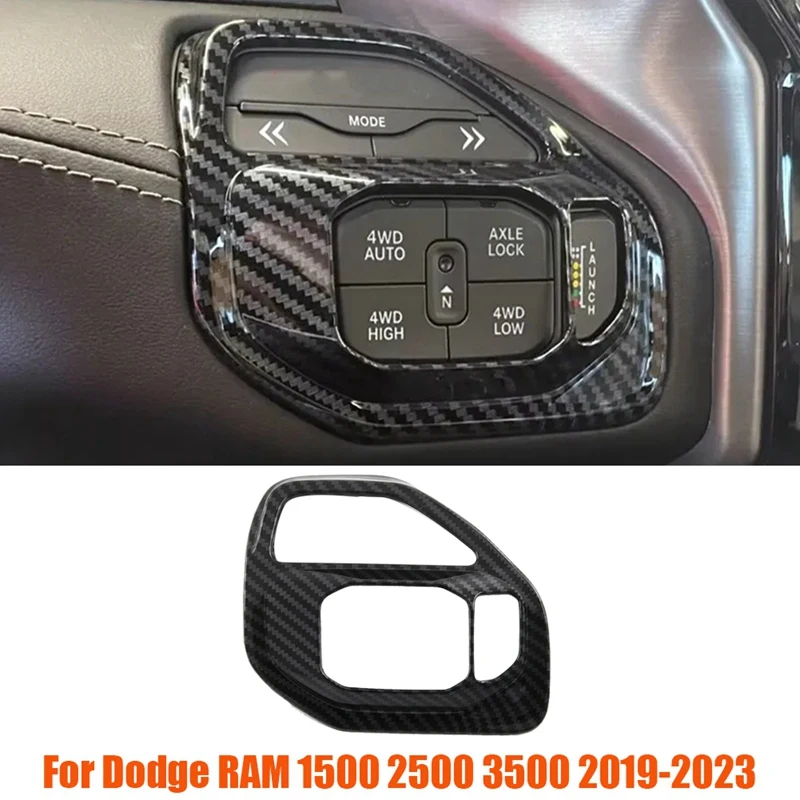 1 PCS Car Central Drive Mode Swtich Button Frame Trim Cover Carbon Fiber Pattern Plastic For Dodge RAM 1500 2500 3500 2019-2023