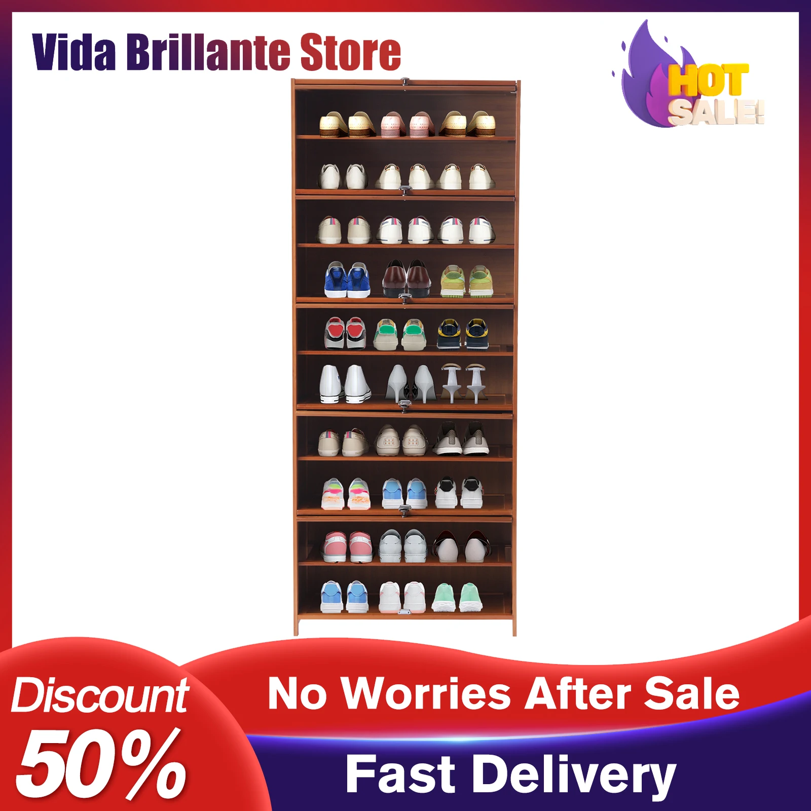 

11 Tier Shoe Storage Cabinet Dustproof 30 Pairs Capacity with Sliding Doors Storage Easy To Assemble Clean Brown Freestanding