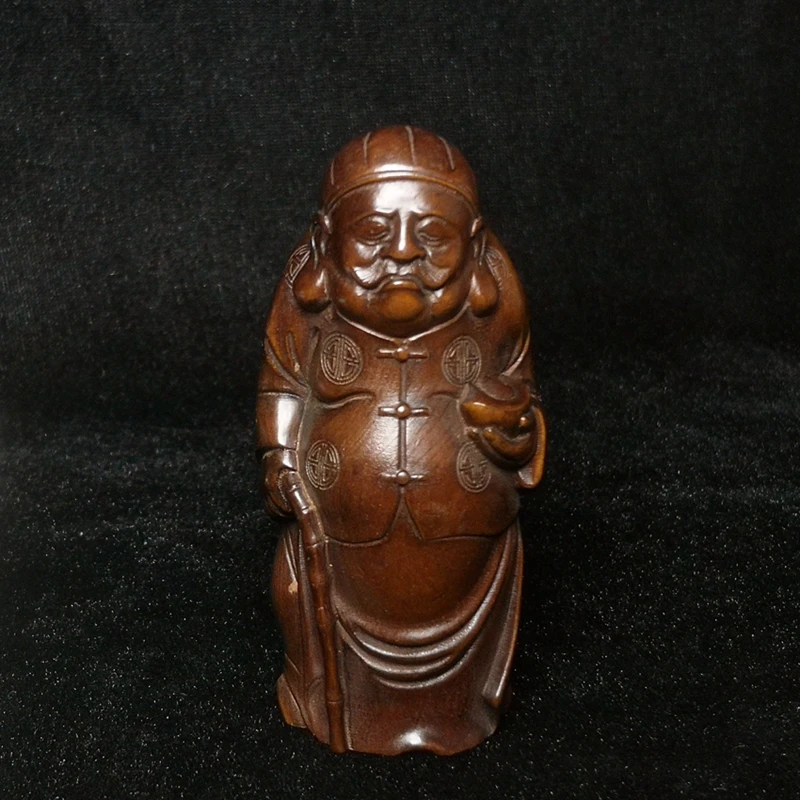 

YIZHU CULTUER ART Height 8.4 CM Chinese boxwood Hand Carved moneybags rich man god of wealth Statue Decoration Gift Collection