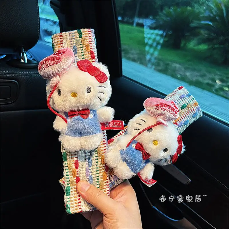 New Sanrios Dopamine 50th Anniversary Hellokittys Doll Car Accessory Seat Belt Shoulder Cover Anime Kawaii Car Protective Cover