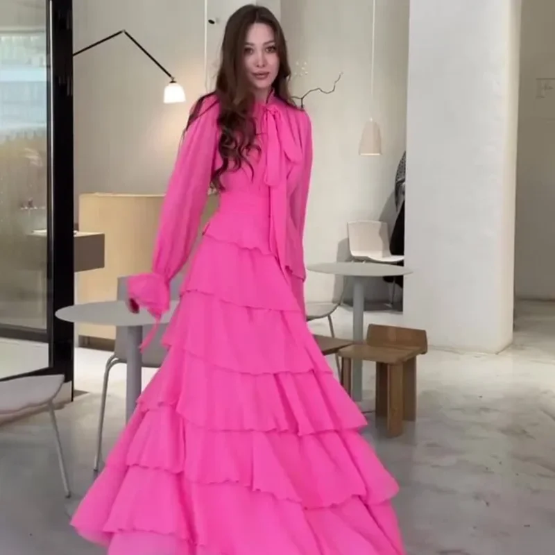 

New in Summer Fashion Generous Lotus Leaf Splicing Princess Style Chiffon Design Sense Half High Neck Long Dresses