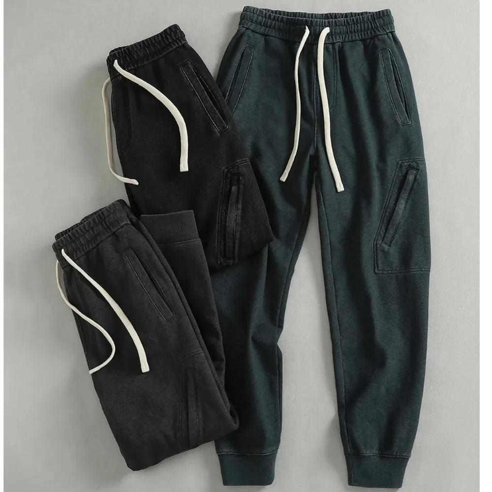 Heavy Mesh Knitted Fleece Fabric Men's Casual Pants British Retro Washed Distressed Sports Pants And Sweatpants