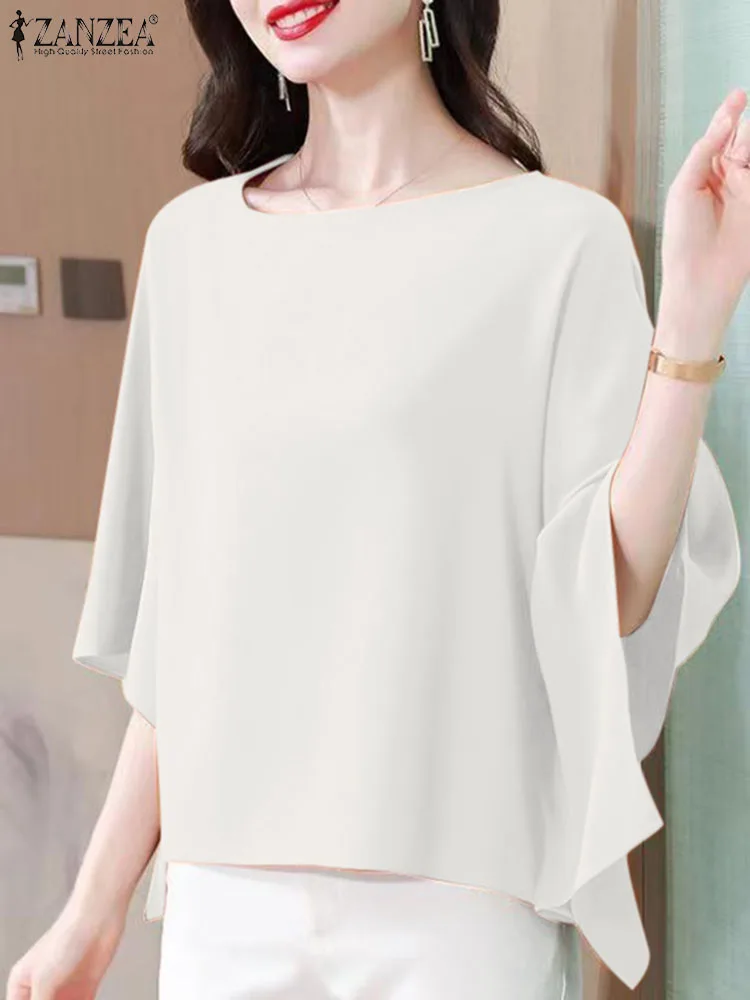 ZANZEA 2024 Summer Round Neck Shirt Women Dolman 3/4 Sleeve Blouse Casual Baggy Blusas Elegant Office Tunic Ladies Designer Tops