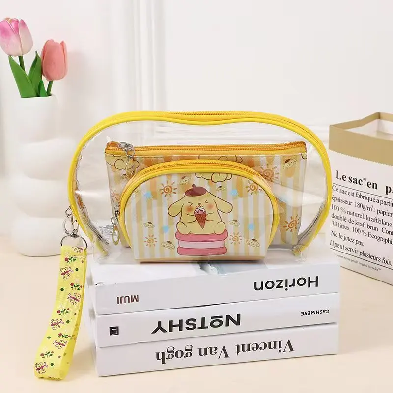 Borsa per il trucco Kawaii Hello Kitty Cartoon Versatile Pu Set da tre pezzi Palmare portatile Accessori da donna Commercio all'ingrosso di stoccaggio da viaggio