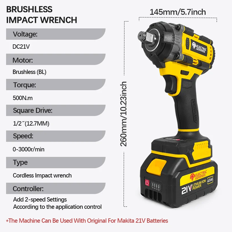 Electric Goddess HSBS008 1/2 inch Wireless Screwdriver 500Nm Brushless Electric Impact Wrench Electric Drill 21V Makita Battery