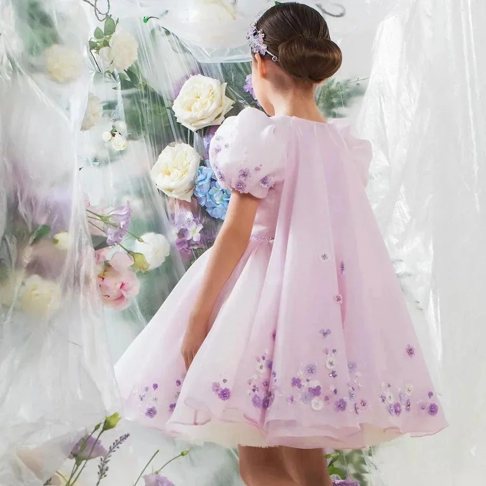 

Customized Knee Length Flower Girl Dresses for Wedding Floral Appliques Lovely First Communion Baby Birthday Party Gowns