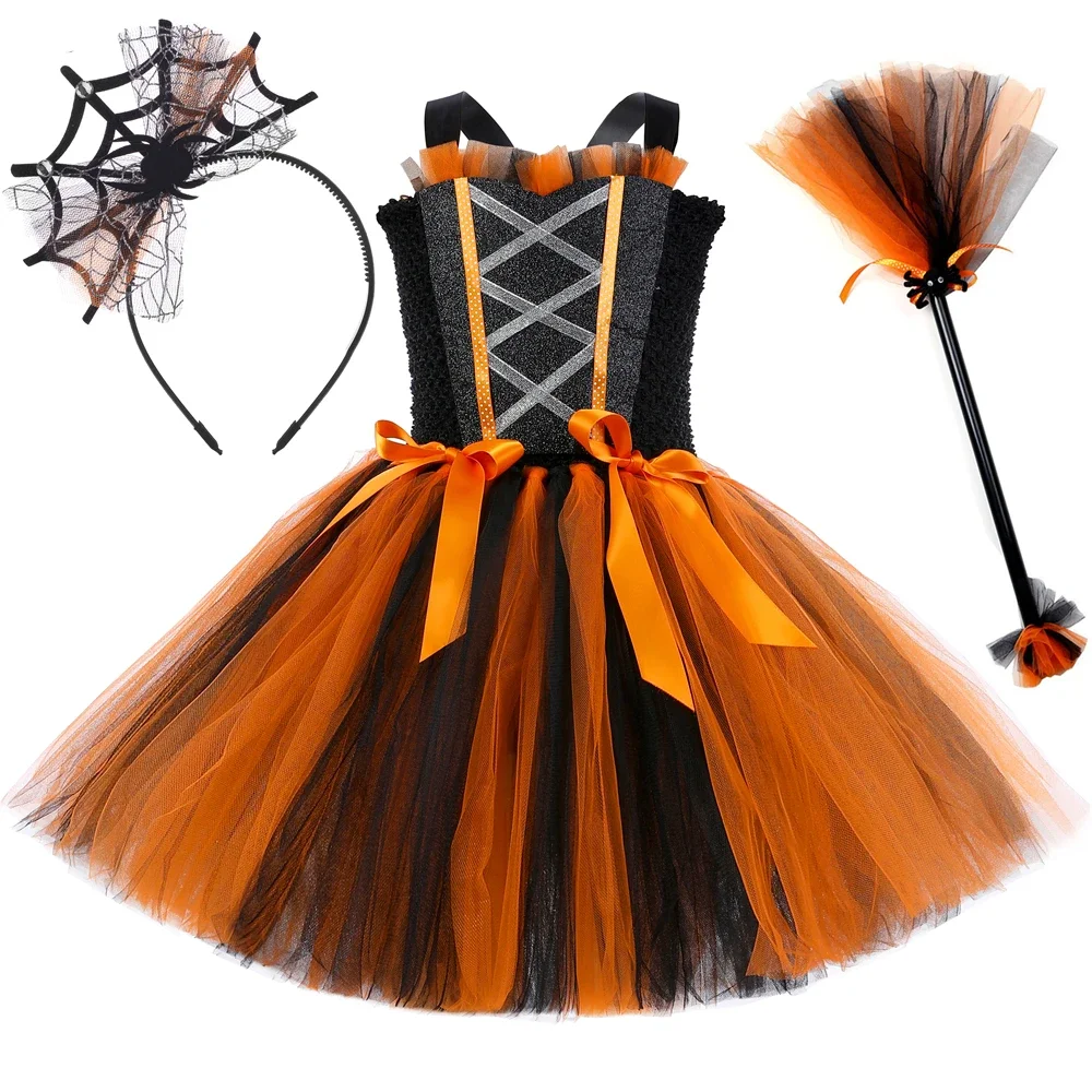 

Halloween Witch Costume for Kids Wicked Witches Cosplay Tutu Dress Set Girls Carnival Party Clothes with Broom Spider Headband