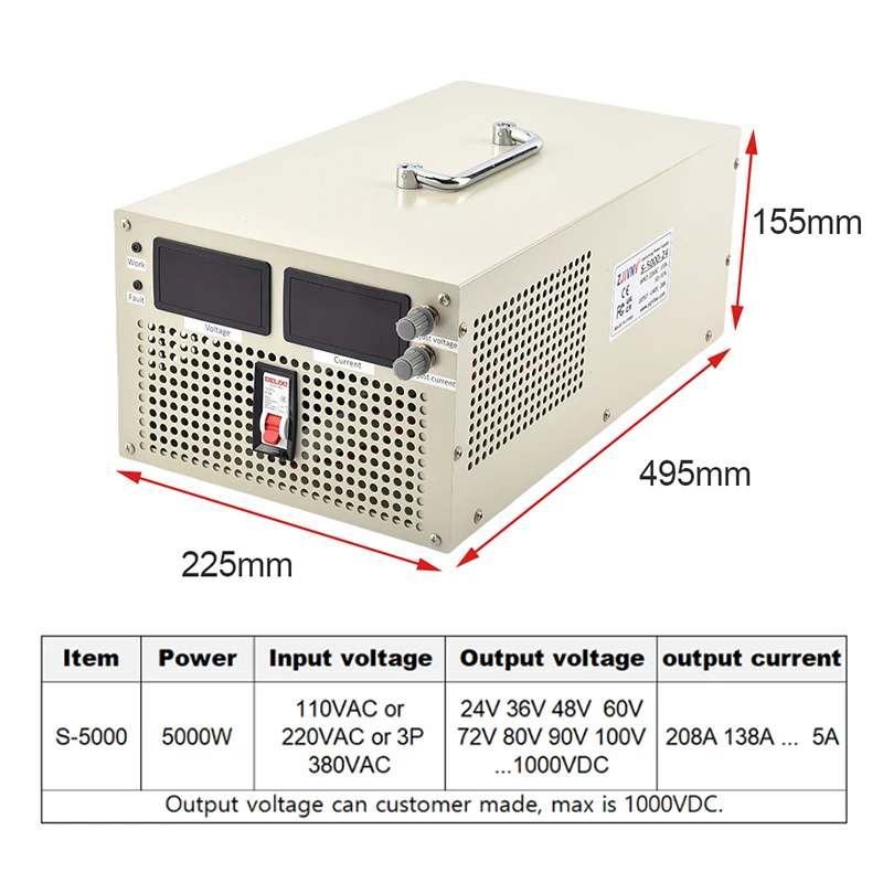 5000W Switching Power Supply with Displays AC-DC 24~500V Adjustable High Power SMPS for New Energy Vehicle Charging Pile S-5000