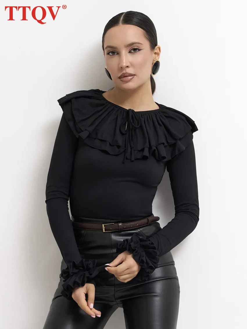 

TTQV Fashion Slim Black Knitted Women's T Shirt 2026 Bodycon O-Neck Long Sleeve T-Shirts Elegant Hollow Out Top Female Clothing