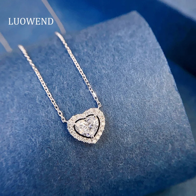 LUOWEND 100% 18K White Gold Necklace Romantic Heart Design Real Natural Diamond Pendant Necklace for Women High Wedding Jewelry