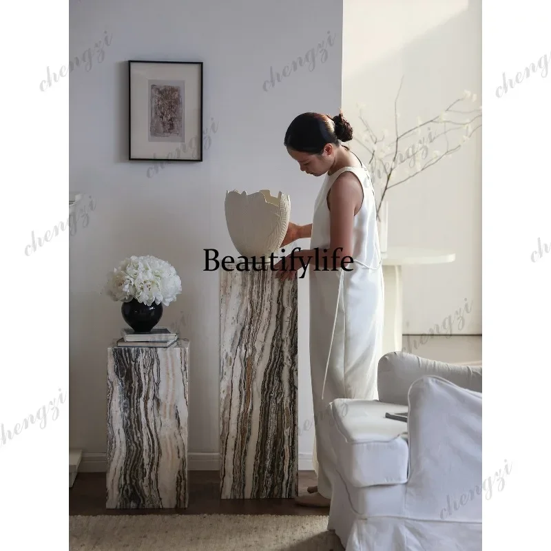 A52 French retro marble base medieval sculpture display stand floor ornament travertine column decorative pier