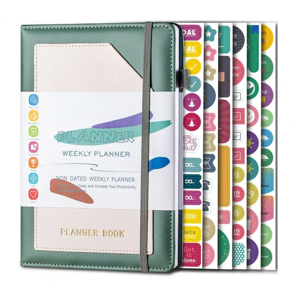Planejador de couro sintético com rastreador de hábitos, Vision Board, planejador de mapas mentais, páginas pontilhadas em grade por semana, 2024-2025