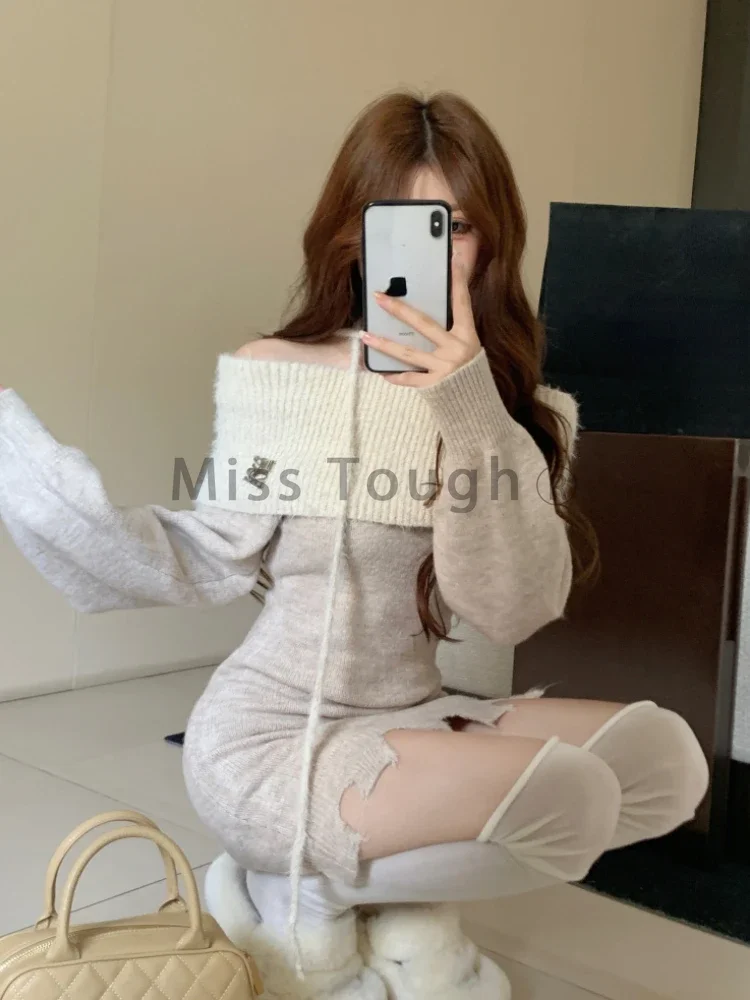 Winter Knit France Vintage One Piece Dress Women Sexy Off Sholder Elegant Sweater Mini Dress Female Korean Style Chic Dress 2023