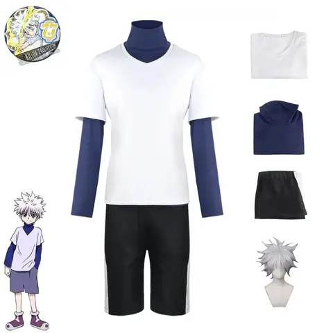 Disfraz de Hunter x Hunter Killua Zoldyck, insignia número 99, traje de Cosplay para fiesta de Navidad y Halloween, camisa, peluca blanca corta