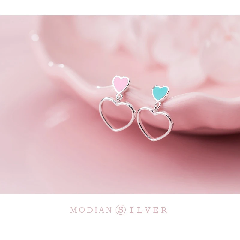Modian 2025 New Romantic Enamel Hearts Drop Earring for Women Pure 925 Sterling Silver Dangle Earring Fashion Fine Jewelry