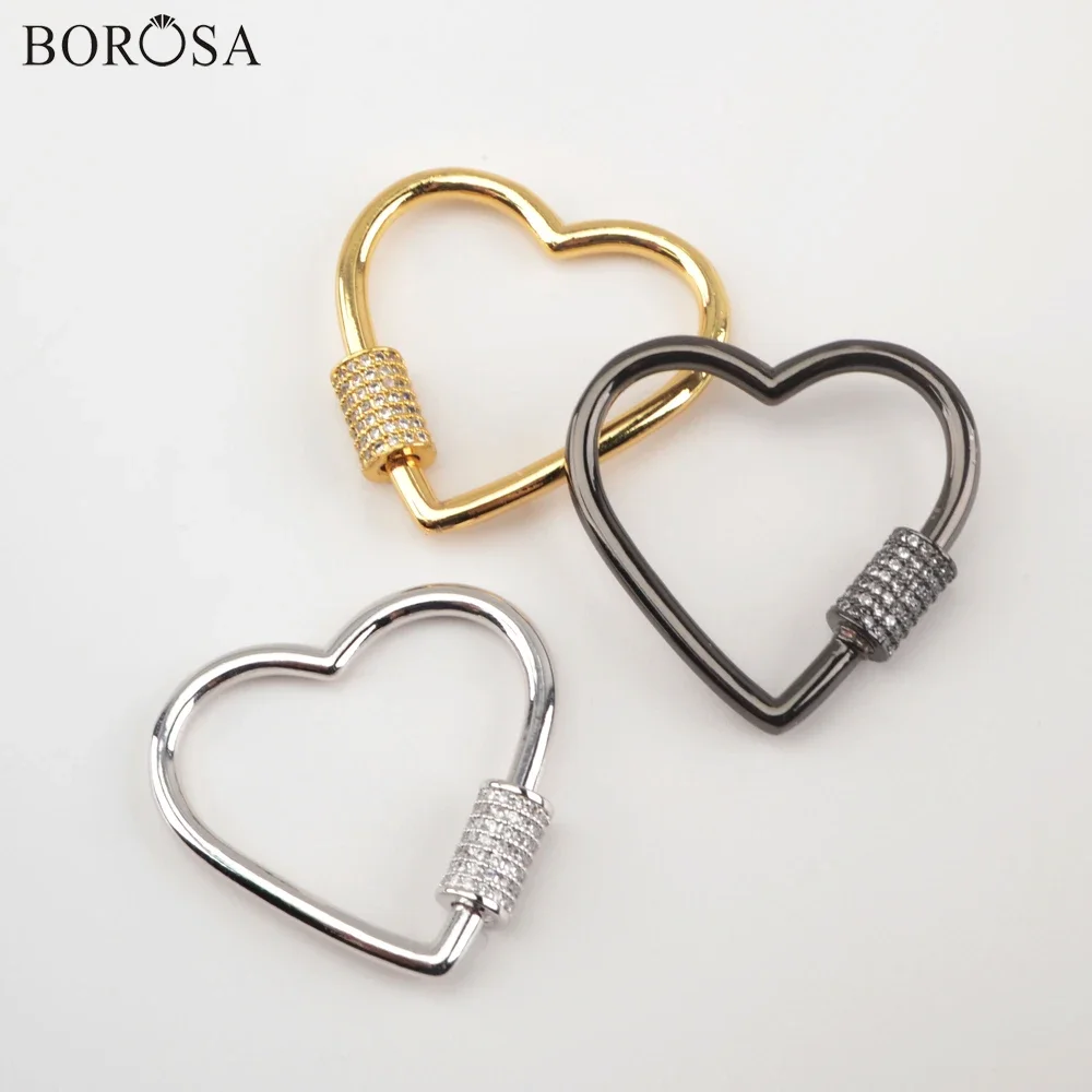 BOROSA Elegant Arrival Heart Shaped Screw Clasp Lock Micro Paved CZ Golden Plated Fastener Clasps for Necklace Women Jewelry