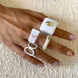 Plastic Rings for Women White Opaque Geometric Chunky Cocktail Ring Statement Multi Pack Resin Midi Rings Fashion Jewelry Set