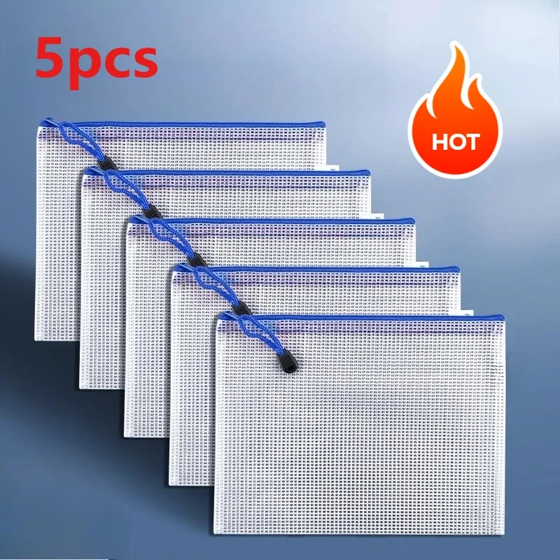 5pcs A4 문서 가방 파일 폴더 학교 사무용품 방수 지퍼 폴더 보관 가방 문서 가방 메쉬 지퍼 파우치