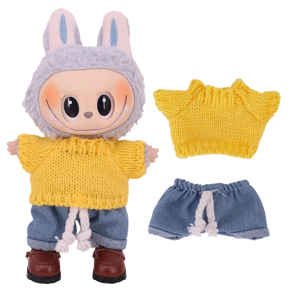Mini vêtements de poupée Labubu en peluche, pull de couleur unie, petits vêtements mignons, jeans assortis à la main et Labubus, tenues originales pour enfants