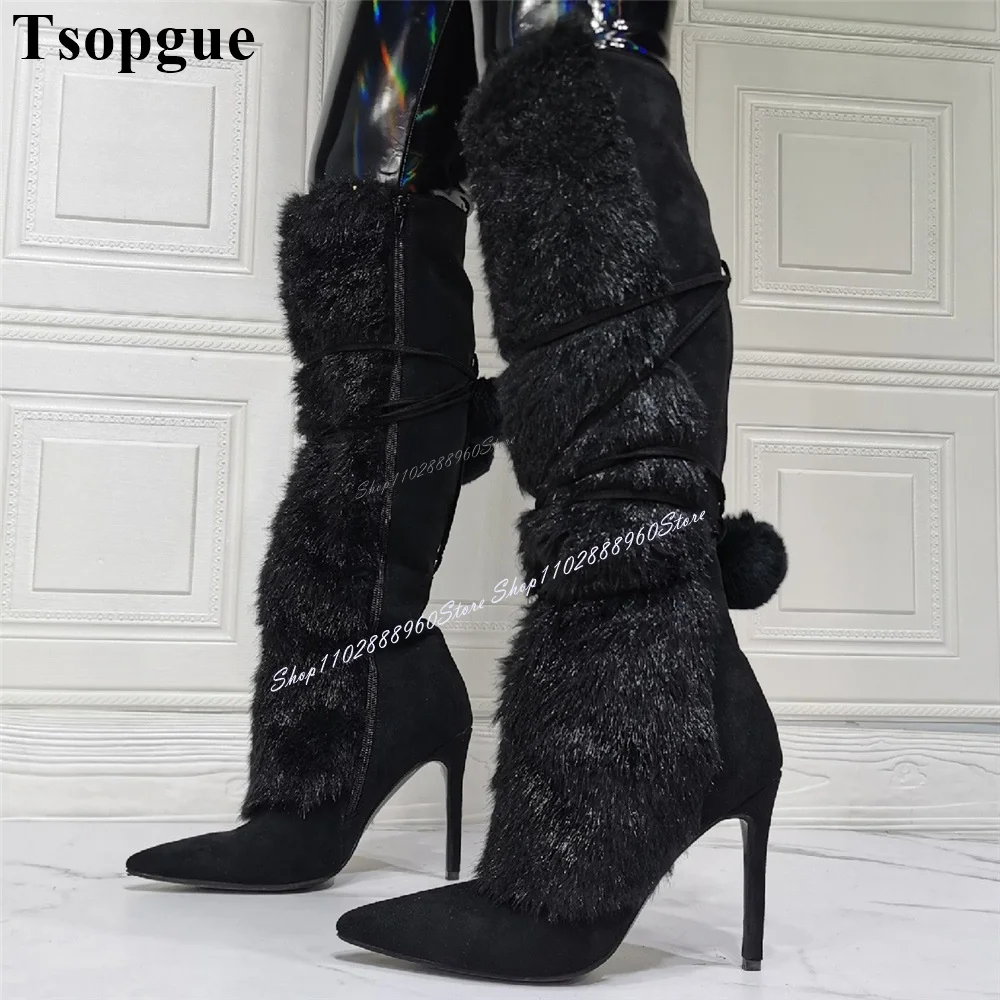 

Knee High Lace-Up Black Flock Fur Winter Boots Stilettos High Heel Women Shoes Side Zipper Pointed Toe 2024 Zapatos Para Mujere