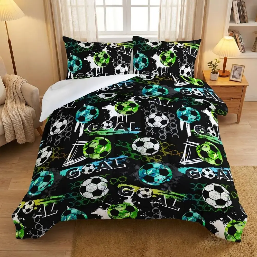 

Boys' Soccer-Themed Queen Bedding Set: 3-Piece Comforter with Blue, Green, White, and Microfiber Quilt & Pillowcases