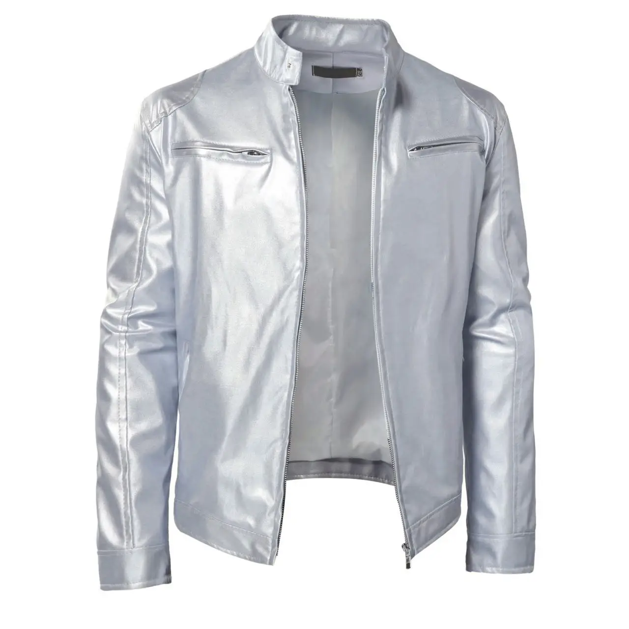 Large Size Gold Mens Leather Jackets Stand Collar Silver Pu Leather Coat For Mens Style Costume Stage Clothes Club Party Wear