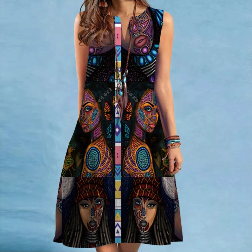 Vintage Printed Sleeveless Pullover A-Line Dress 2023 Summer New Women's Bohemian 3D Printed Dress Vestidos Elegantes Femme Robe