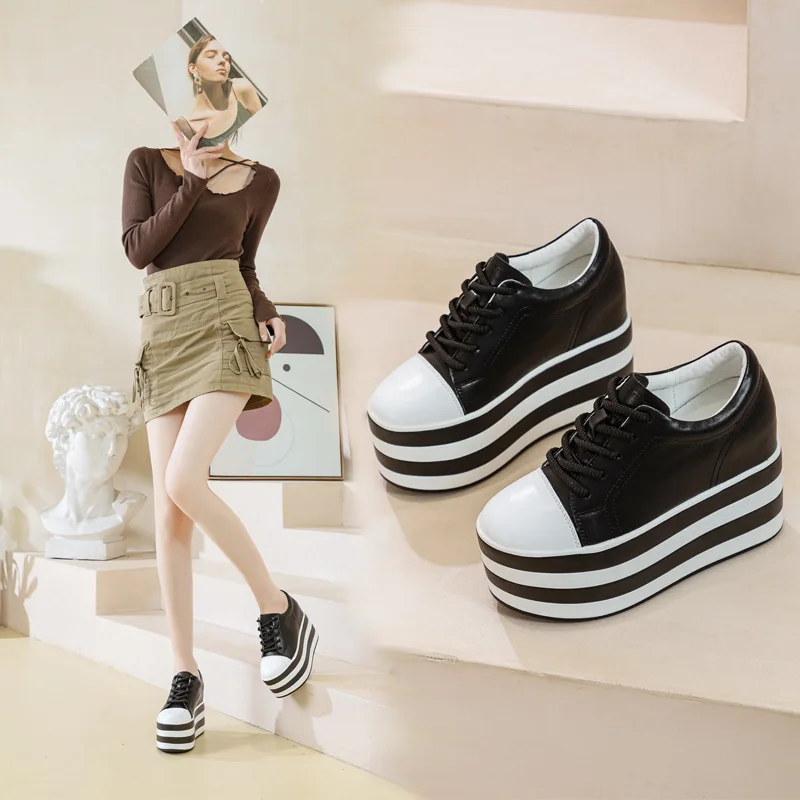 

Новая женская повседневная обувь из натуральной кожи, очень толстые модные кроссовки на танкетке 12 см на платформе, массивные весенне-осенние туфли на плоской подошве, Zapados Mujer