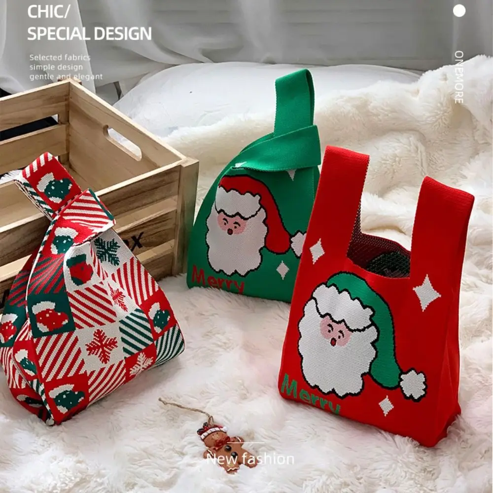 Fashion Christmas Gift Knot Wrist Bag Santa Claus Wool Bucket Bag Christmas Knitted Bag Handbag Weave Tote Bag Student