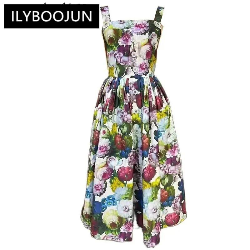 

Cotton Dress Spaghetti Strap Backless Floral Print Single Breasted Elegant Party Dresses For Women 2024 Luxury Brand