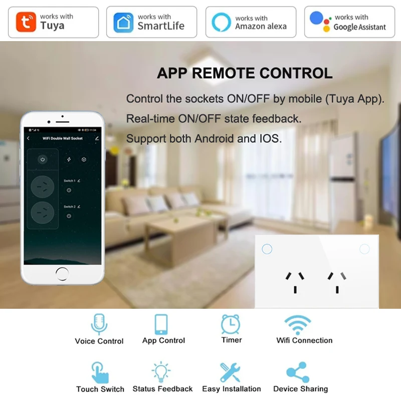 Imagem -03 - Painel de Vidro Inteligente Toque Interruptor Soquete Wifi Controlado Duplo Power Points Padrão Australiano Aprovação Saa Tuya