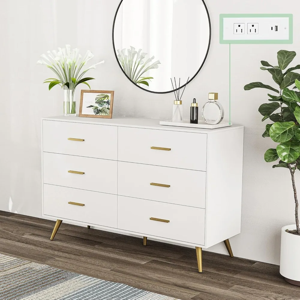 6 Drawer Dresser for Bedroom with Power Outlets, Modern Wood Dresser with Wide Drawers and Gold Metal Handles, Long Ches