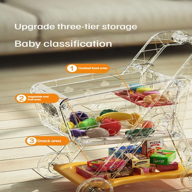 New Children Toys Kids Large Supermarket Shopping Cart Trolley Push Car Toys Basket Simulation Fruit Food Pretend Play House Toy