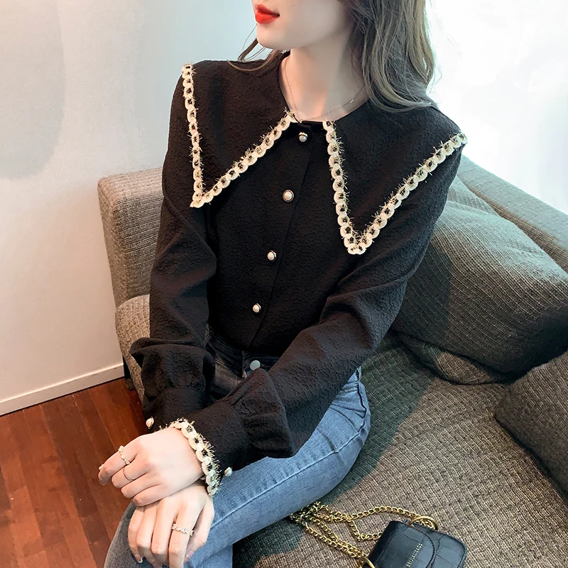 

Autumn Advanced Retro Feel Y2K Doll Collar Blouse Women Elegant Solid Long Sleeve Tops Loose Chic Button Commute Chiffon Shirts