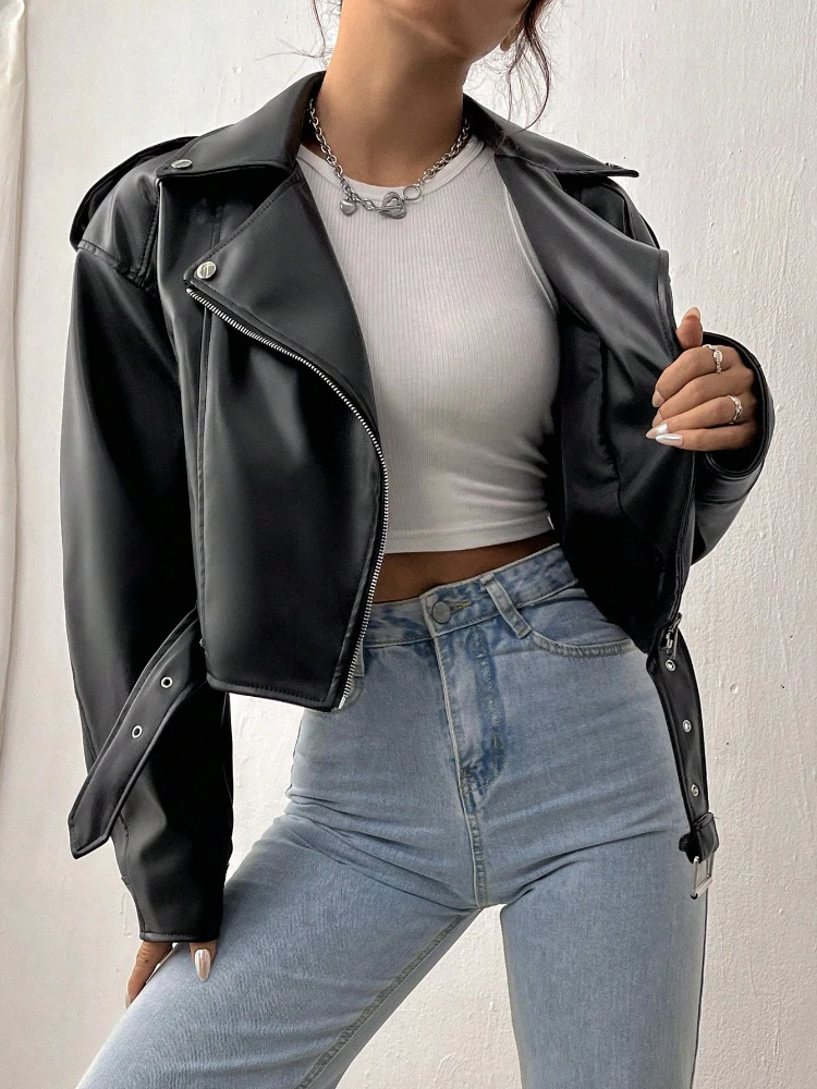 FTLZZ Spring Autumn Female High Street Motorcycle Leather Jacket Casual Women Lapel Zipper Faux PU Leather Jacket