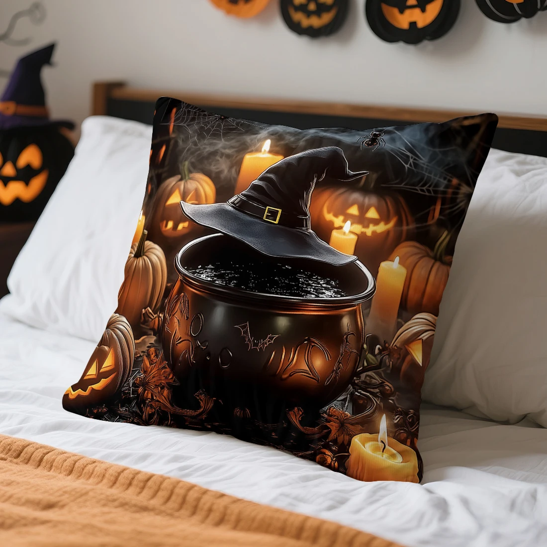 Halloween black cat witch hat Cushions Pillowcase Polyester Cushion Cover Throw Pillow Sofa Decoration Pillowcover Home  Decor