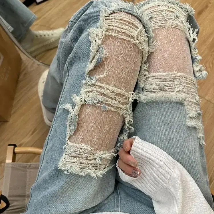 American Design-Sensory Ripped Lace Spliced ​​Denim Trousers Women Spring Summer New High-Waist Loose Straight Wide-Leg Pants