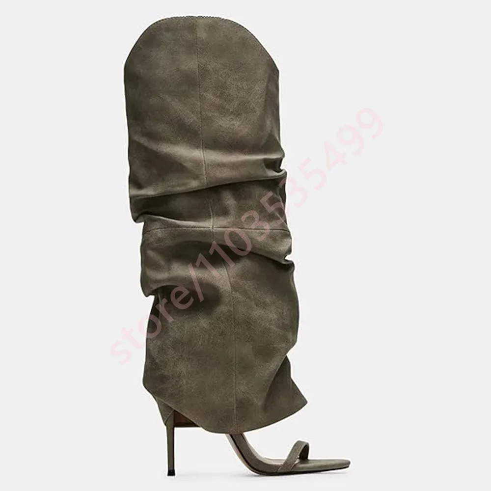 

Модные женские плиссированные сапоги с открытым носком, осень 2023, новые однотонные вечерние повседневные сапоги до колена, стильная модель, элегантная обувь на шпильке