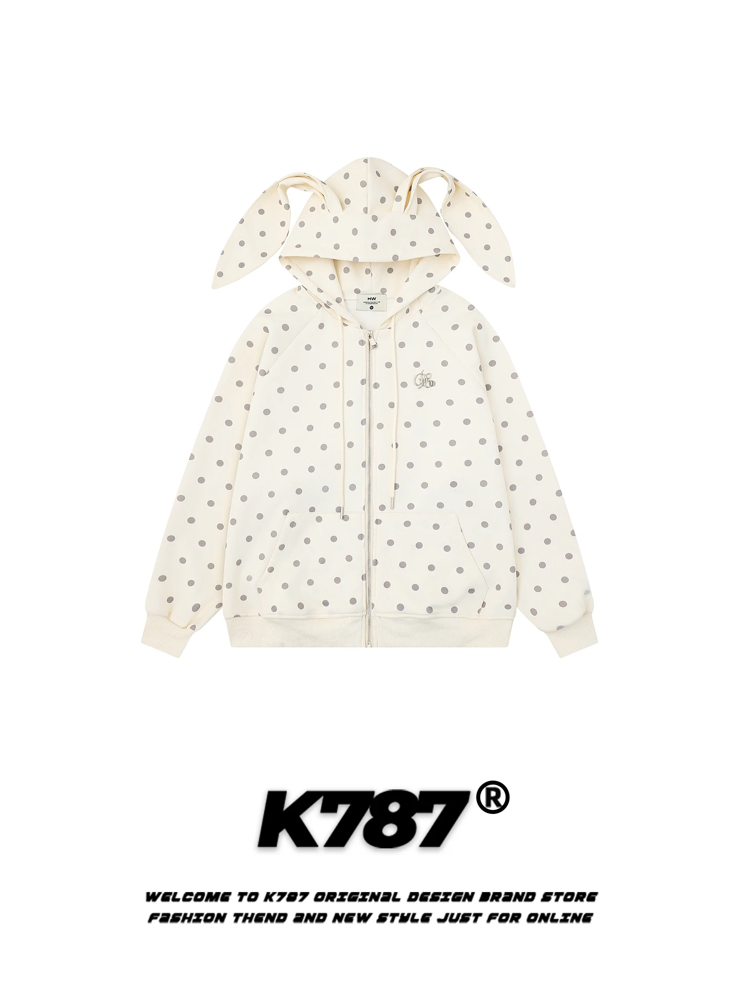 

Retro American Polka Dot Rabbit Ear Hoodie Zipper Loose Casual Anti Aging Jaet for Men And Women Youthful Sle Cotton Poly...