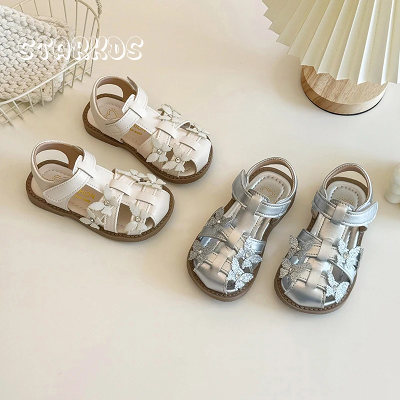 Sandalias de mariposa con purpurina para niñas, zapatos romanos de banda estrecha, diseño de marca, brillantes, correa de diamantes de imitación,