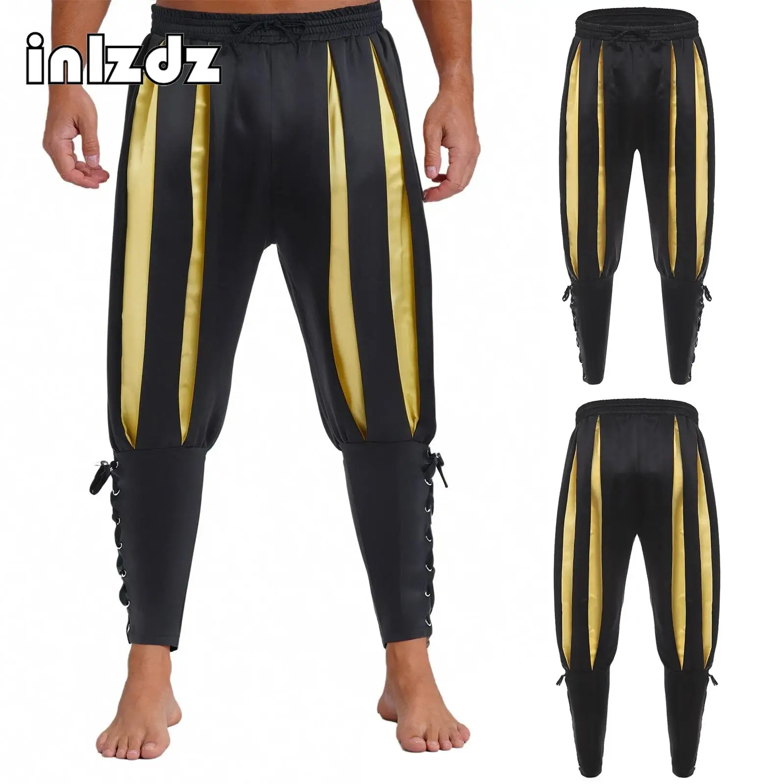 

Men Viking Navigator Pirate Harem Pants Color Block Panels Stretchy Ankle Banded Trousers Renaissance Halloween Cosplay Pants