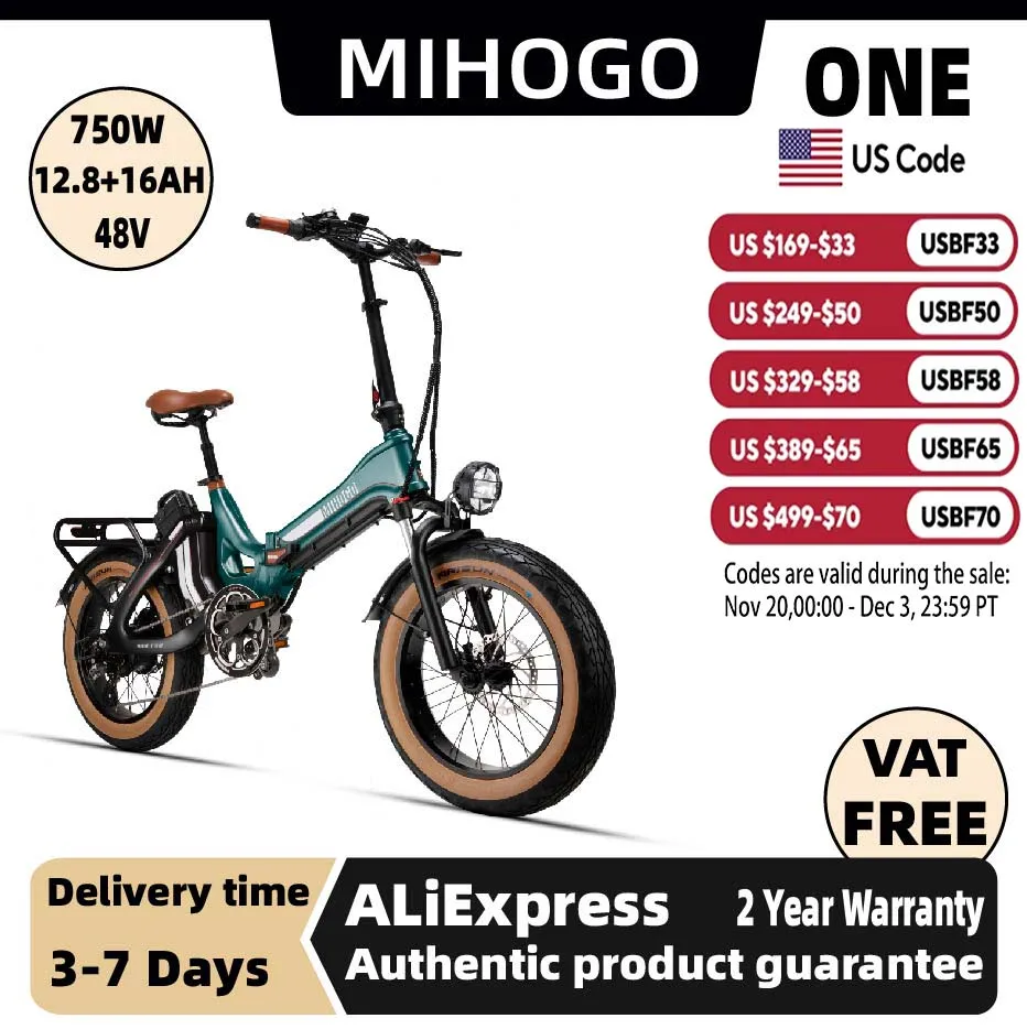 

MIHOGO ONE Adult Electric Bicycle, 750W city ebike, 48V 12.8+16AH E-bike, 20-Fat Tire Foldable Electric Bike