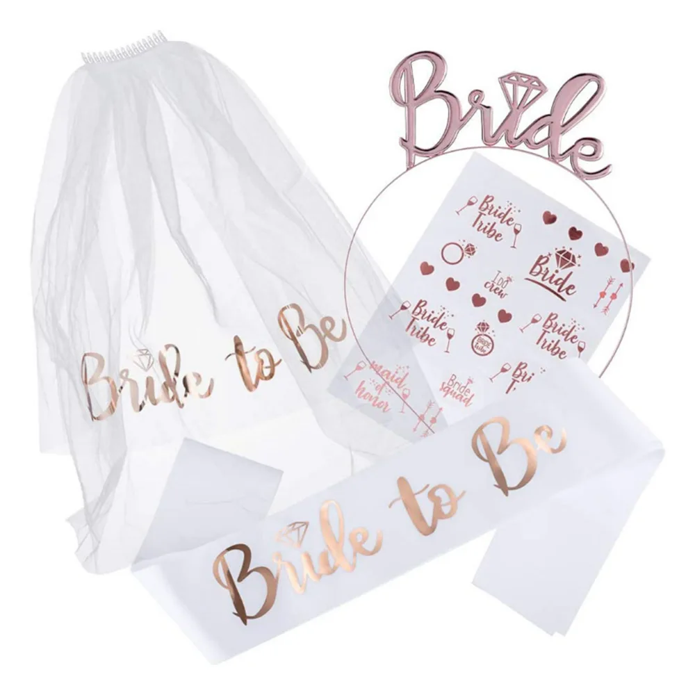 

1Set Bride To Be Veil Satin Sash Hiarband Bridal Shower Wedding Decorations Tattoo Stickers Hen Bachelorette Party Supplies