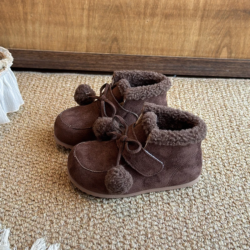 Toddler Girls Warm-lined Cotton Boots 2026 New Winter Kids Cozy Plush Ankle Boots with Cute Bow Non-slip Princess Casual Wear