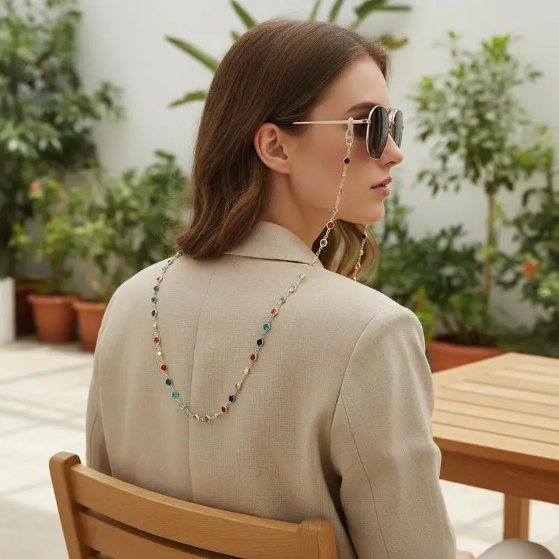 Modische Brillenkette mit Imitations-Strasssteinen für Damen, Gesichts-Accessoires, Sommer-Perlen-Brillenkette, Silikon-Schlaufen, Casual-Schmuck – Detail 2