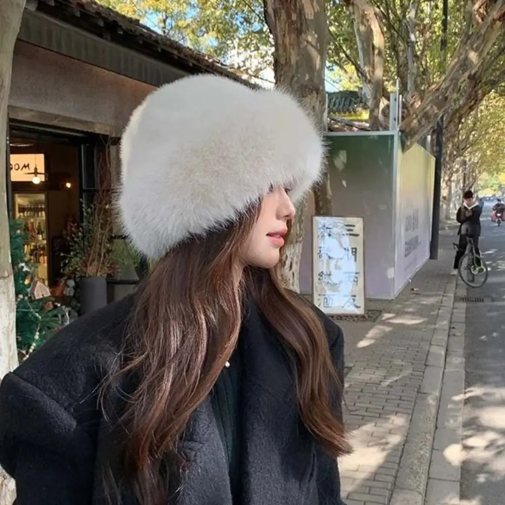 

Sweet Warm Cap Faux Fur Mink Hat Bucket Hat Solid Color Plush Basin Cap Korean Style Solid Beanie Winter