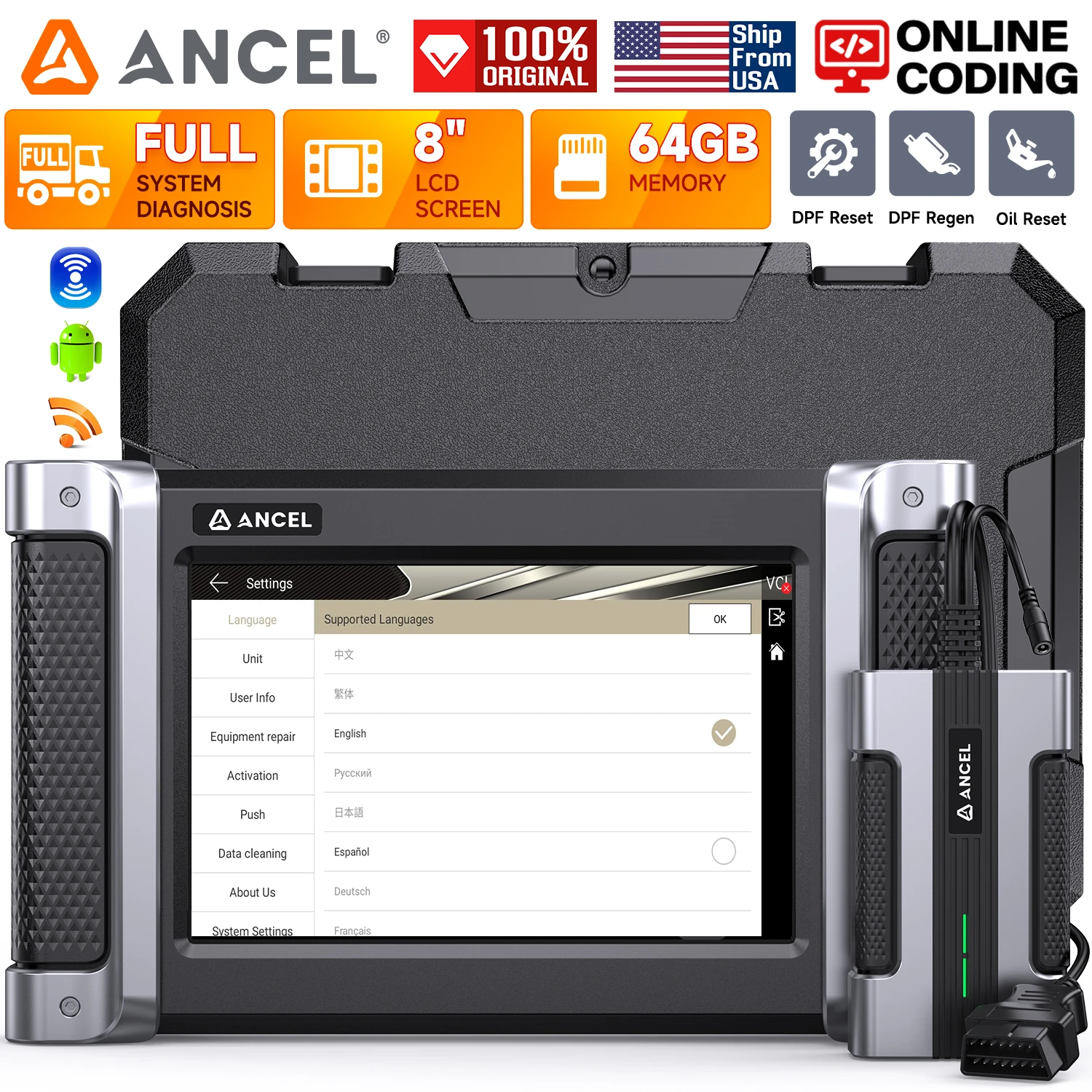 ANCEL HD8000 Heavy Duty Truck Diagnostic Tool D.PF Regen Oil Reset Idle speed Adjustment 24V Diagnostic Scan Tool